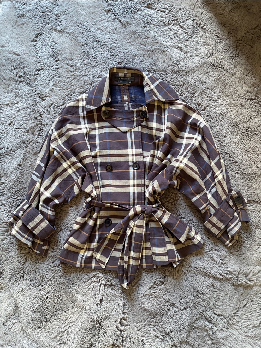 BCBG Plaid Double Breasted Light Overcoat in Eggplant & Cream